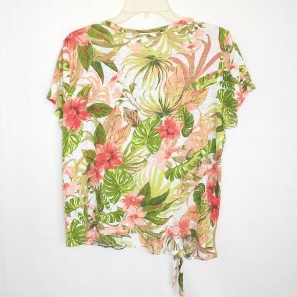 J Jill Love Linen Top Medium Women's Floral Tropical Tie Front Beach Green Pink - Picture 3 of 8